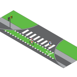 Crossride cycle track between two intersections. Left intersection has separate traffic signals for cars and bikes/pedestrians. Pavement between intersections marked for cyclists and pedestrians. Green block with white squares, featuring a white arrow and bicycle at the right end. Cyclist crossing the road in the middle of the crossride. Adjacent to the cycle track, evenly spaced white rectangular strips for pedestrian crossing.
