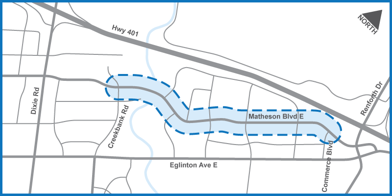 Project area spanning across Matheson boulevard east from Creekbank Road to Commerce boulevard outlined in blue on a map.