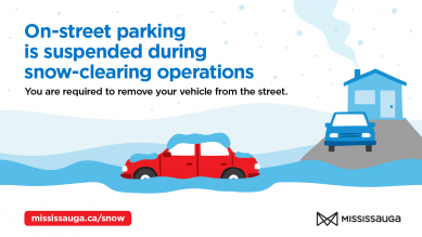 Graphic of car parked on the street in front of a house. The car and street are covered in snow. Copy reads: On-street parking is suspended during snow-clearing operations. You are required to remove your vehicle from the street. 