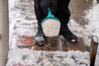 Person holding a scoop of rock salt. 