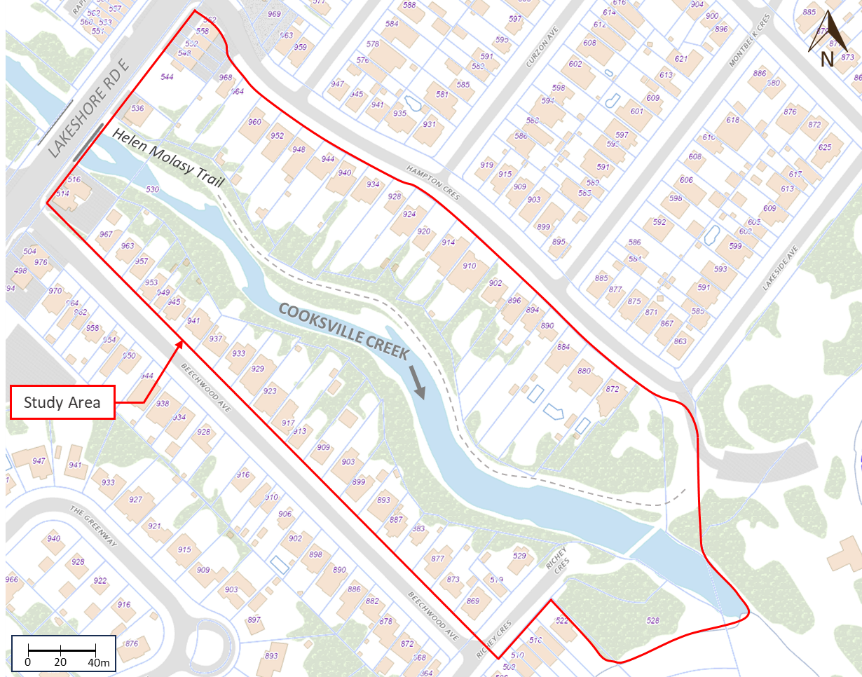 Aerial site map of study area, including the Cooksville Creek flowing south of Lakeshore Road East towards Lake Ontario, with Helen Molasy Trail running along the left bank.