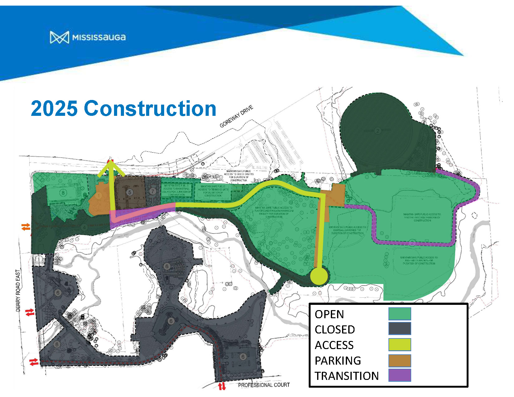 Map that shows closures and changes to access points at Paul Coffey Park during construction in 2025
