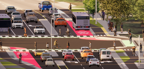 Artist rendering showing all lanes: bus pull over lane, separated bike lanes, turning lanes, pedestrians and and cyclists all using the space