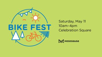 Graphic for "bike fest" featuring icons of a sun, bicycle, trees, and festive banners on a light green background.