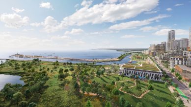 Rendering of aerial perspective of Lakeview Village development along the waterfront