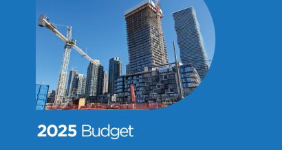 A Mississauga skyline with construction cranes and new buildings being built. The words 2025 Budget.