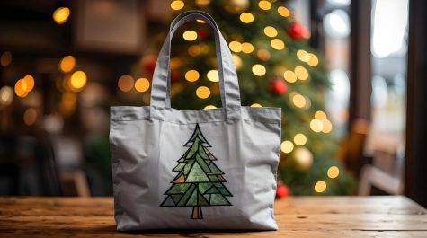 A grey reusable bag with print of a tree on it. Click to make image fullscreen.