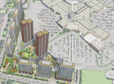 Artistic rendering of the 9 buildings proposed for the development site