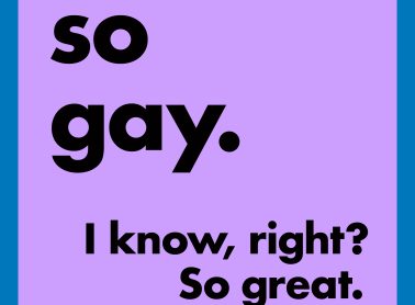 A lavender poster that says "That's so gay." "I know, right? So great."