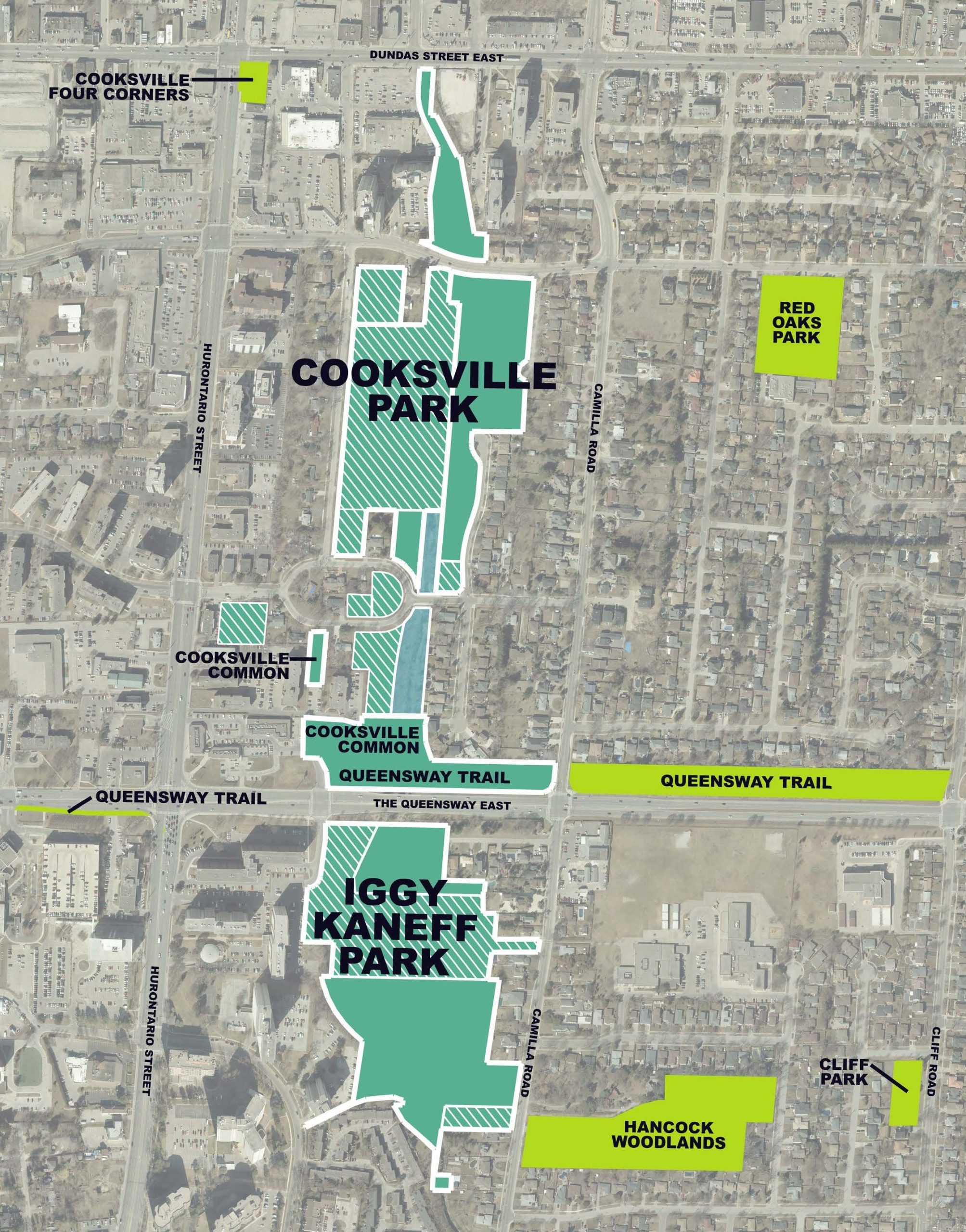 Map highlighting Cooksville Four Corners, Red Oaks Park, Cooksville Common Queensway Trail, Hancock Woodlands, Cliff Park, Credit Valley Conservation land, plus Cooksville Park and Iggy Kaneff Park and their expansions