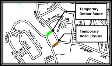 Map drawing of the detour and temporary road closure.