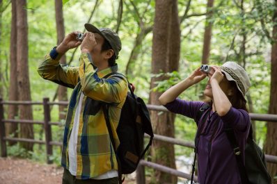 Two people with binoculars who are birdwatching