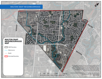 Map showing the sustainable neighbourhood action plan area in Malton, including municipal boundaries and watersheds