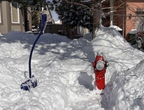 Shovel in snow next to fire hydrant