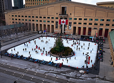 Aerial shot of Mississauga Celebration Square ice rink.