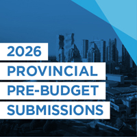 A graphic with a blue cityscape background and bold white text that reads: ‘2026 Provincial Pre‑Budget Submissions.