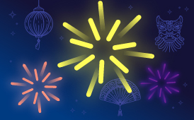 Lunar New Year with fireworks and cultural symbols.