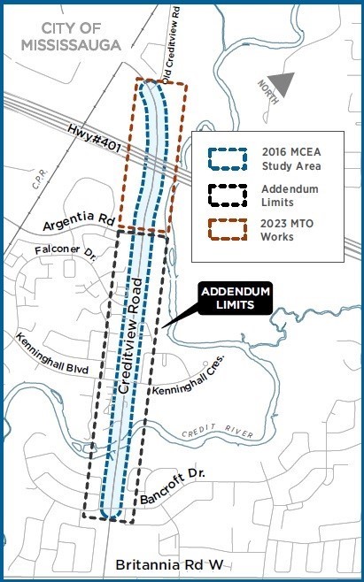 Map of Creditview Road outlining the 2016 environmental assessment study area, the proposed addendum limits, and the 2023 Ministry of Transportation of Ontario works.