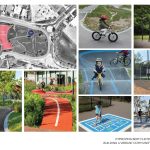 A mosaic of images about play-based areas and paths for the Bert Fleming Park improvements.