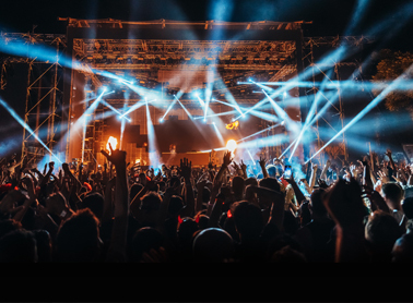 Silhouette o a crowd cheering and strobes of light striking throughout the picture.