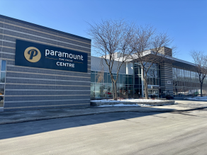 Paramount Fine Foods Centre with blue sky behind.