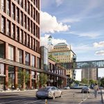 Artist rendering showing vision of streetscape with pedestrian bridge connecting buildings in downtown