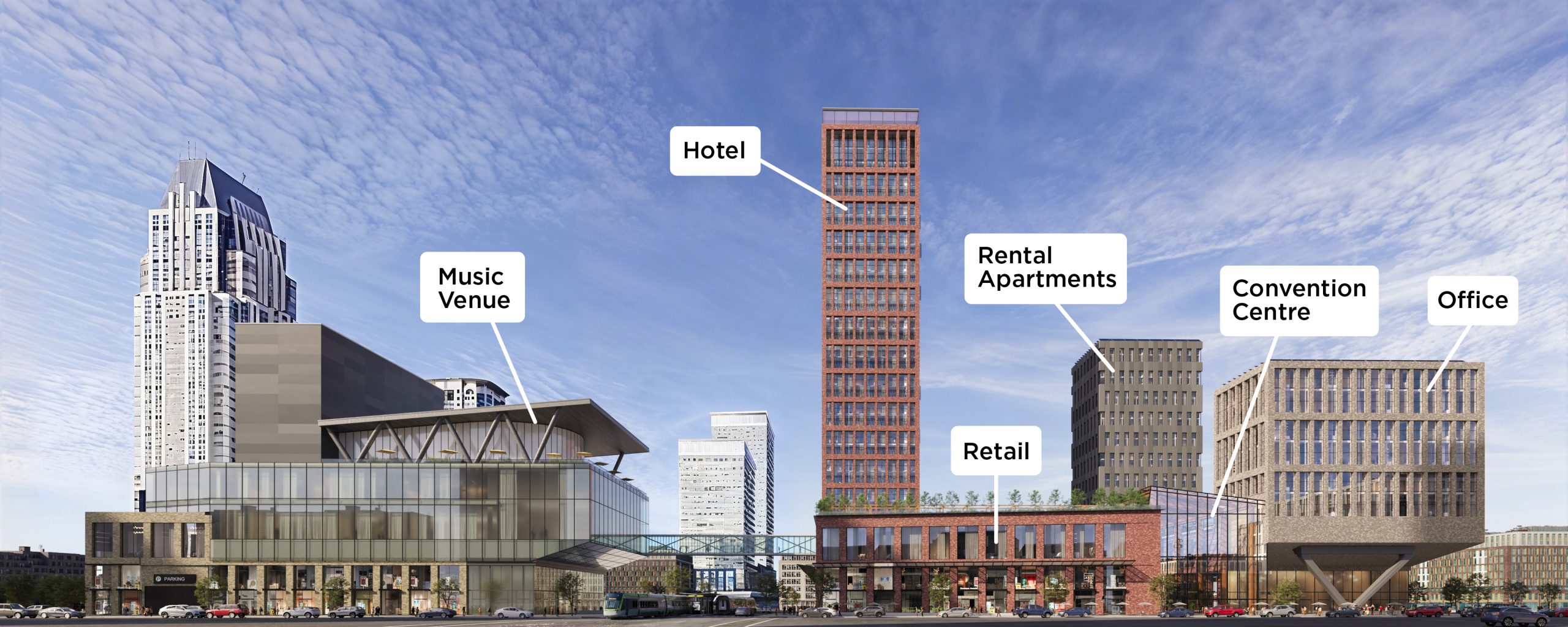 Artist rendering showing vision for music venue, hotel, rental apartments, retail, convention centre and office buildings in downtown