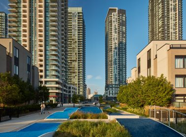 Photo of downtown Mississauga with urban park space low and high rise buildings