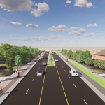 Rendered drawing depicts four lane roadway, two lanes in each direction with in-boulevard cycle tracks and sidewalks on each side.
