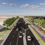 Rendered drawing depicts four lane roadway, two lanes in in each direction with left turning lanes and in boulevard cycle tracks and sidewalks on each side.