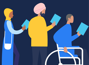 Animated people with ballots in their hands.