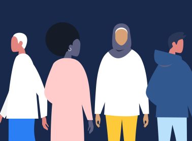 Illustration of four faceless people of differing cultural backgrounds.