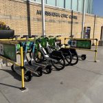 Parked e-scooters and e-bike