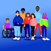 Illustration showing youth of diverse backgrounds, including one in a wheelchair.