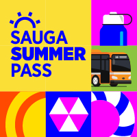Illustration showing a MiWay bus, swim ring, water bottle, sun and umbrella. Title reads Sauga Summer Pass.