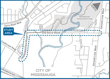 Study area shows Old Derry Road and Creditview Road south of Meadowvale Conservation Area and east of Second Line West
