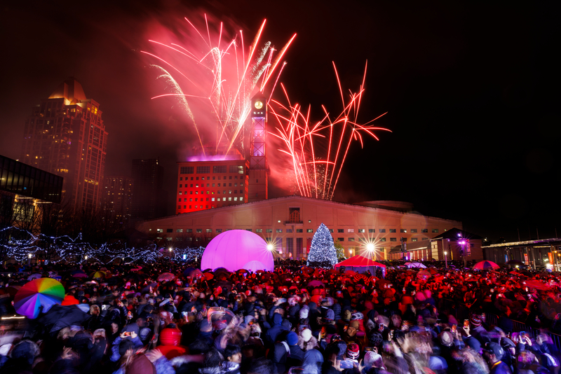 Fireworks over Mississauga Celebration Square during a Canada Day event.