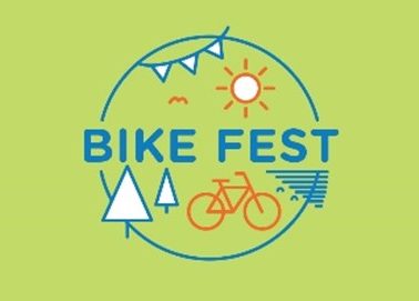 Bikefest logo with trees, sun and a bicycle.