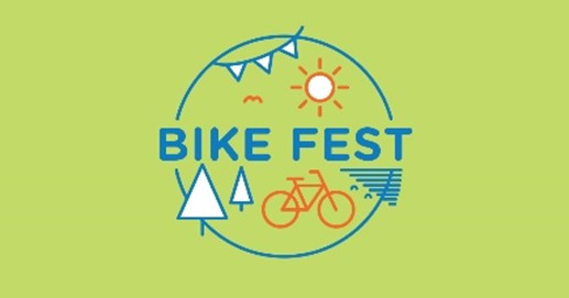 Bikefest logo with trees, sun and a bicycle.