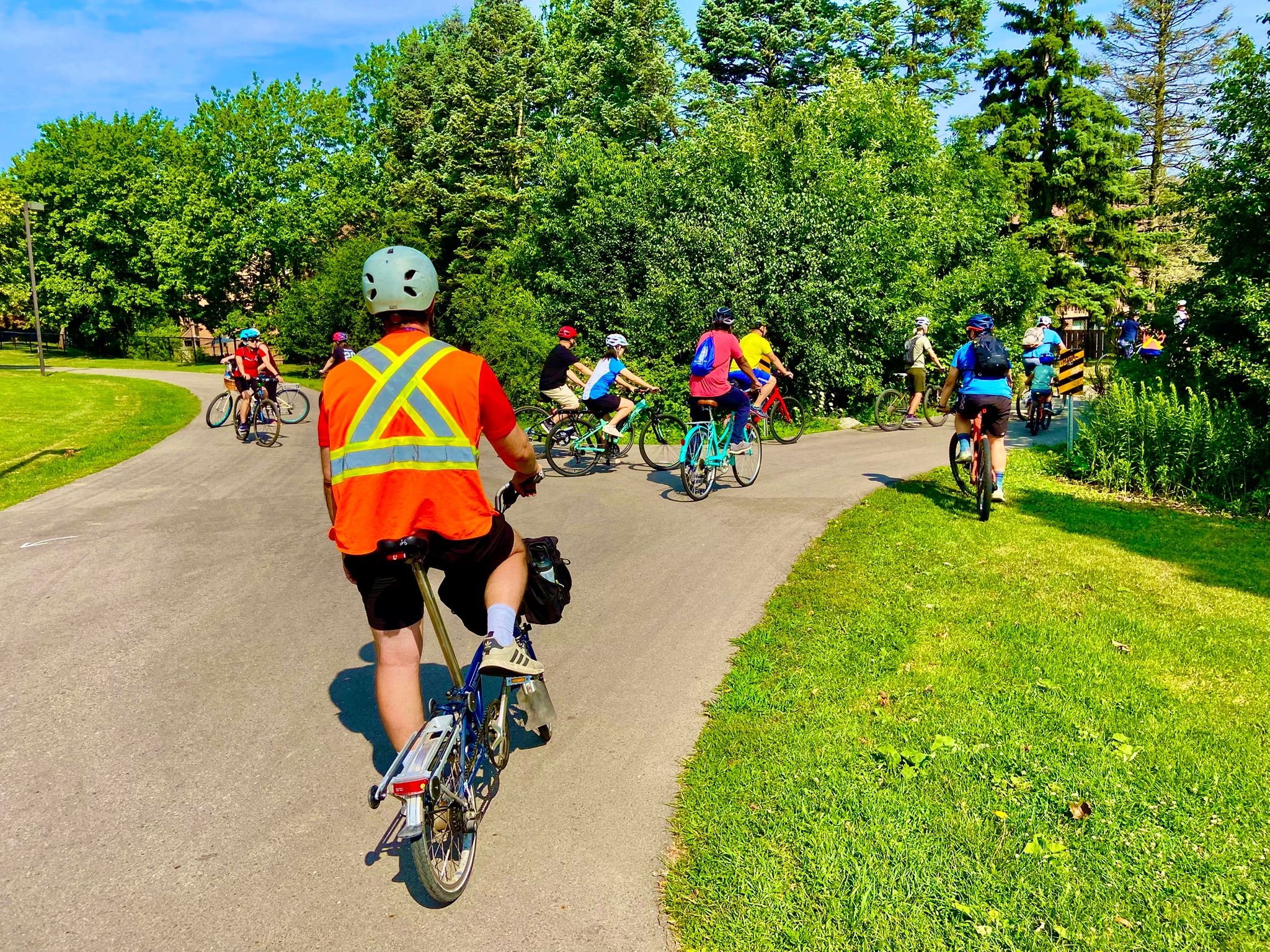 Bikes riding on a bike path through the park.