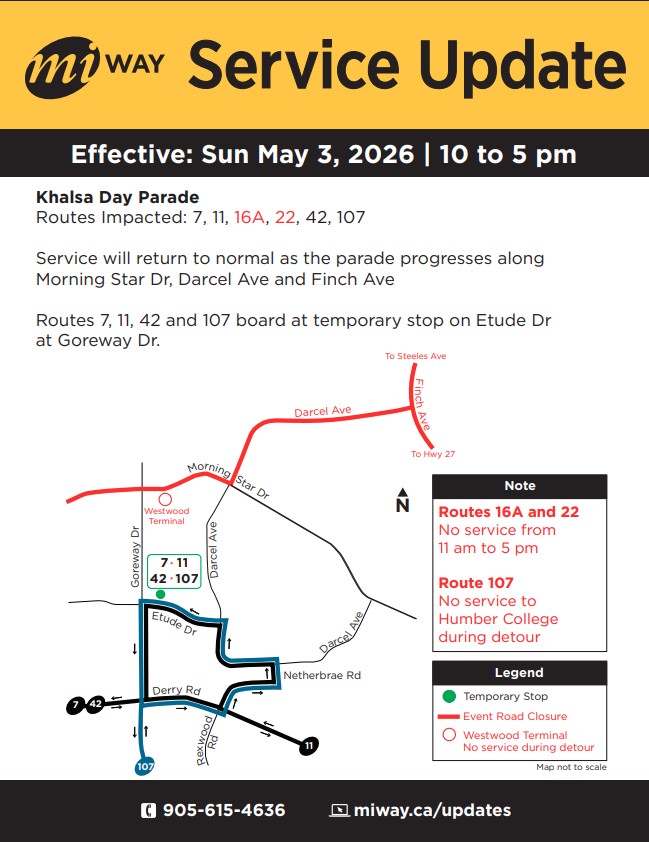 MiWay Services Schedule for the Khalsa Day Parade