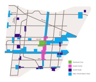Map of Mississauga highlighting the Downtown Core, Growth Centres, Growth Nodes and Major Transit Station Areas