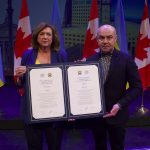 Mayor Carolyn Parrish and Mayor Serhiy Nadal holding the declaration