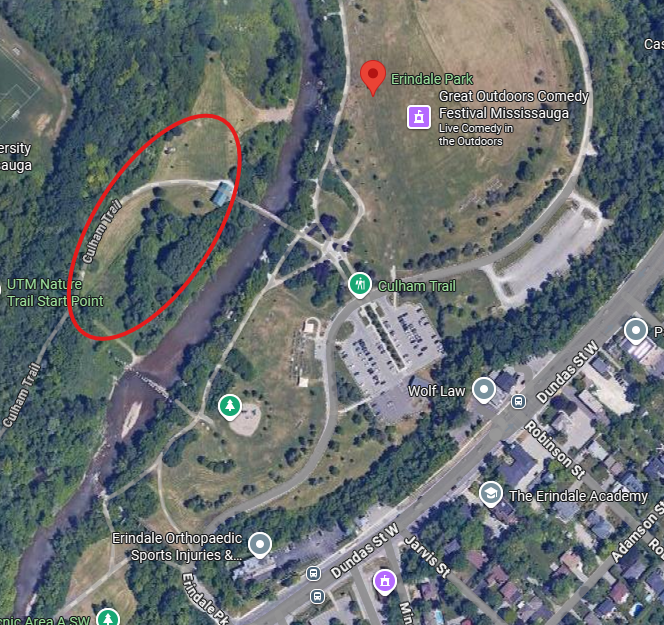 Partial map of Erindale Park in Mississauga, showing the location of the Invasive Species Awareness Fair. The event will be held on the west side of the park, across the pedestrian bridge. 