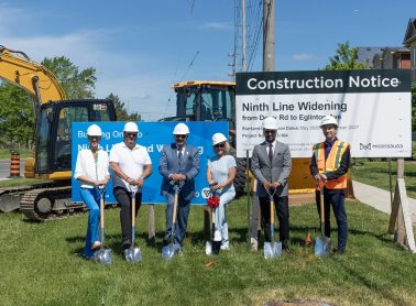 Officials from the Ministry of Infrastructure, Members of Provincial Parliament, the City of Mississauga and project partners attend the Ninth Line Widening groundbreaking.