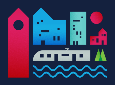 Stylized illustration of a colourful cityscape with abstract buildings, a train, waves, and trees on a dark blue background.