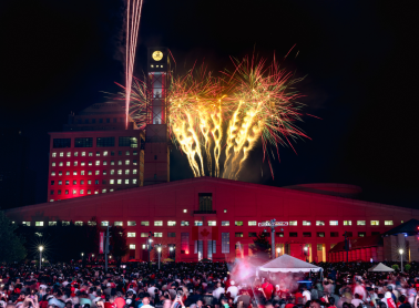 City hall with fireworks