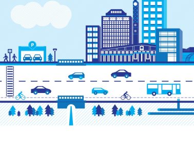 Illustration showing skyline of Mississauga and roads, bridges, buses, cars, trees and more.