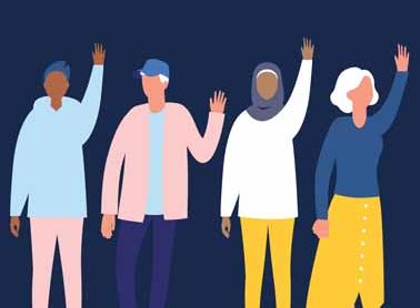 Colourful animated people with their hands up.