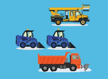Illustrated images of a yellow truck, blue snow plows and a larger red truck plowing snow.